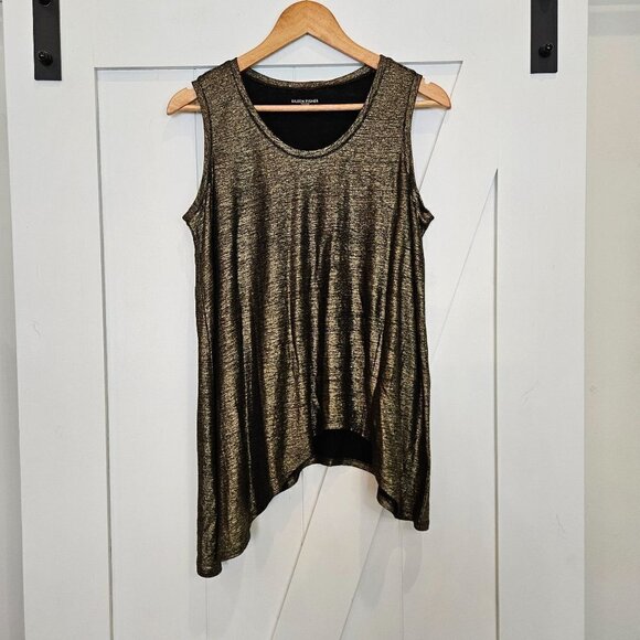 EILEEN Fisher Gold Knit Metallic Party Top Asymmetric Small Mob Wife - Picture 3 of 8